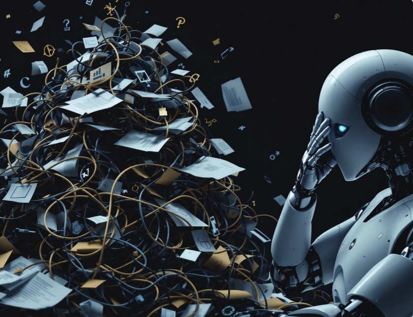 AI 도입의 가장 큰 장벽인 데이터 — 정리되지 않은 비정형 데이터 더미 앞의 휴머노이드 AI